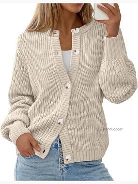 Oversized Button Front Cardigan Sweater Long Sleeve Crewneck Knit